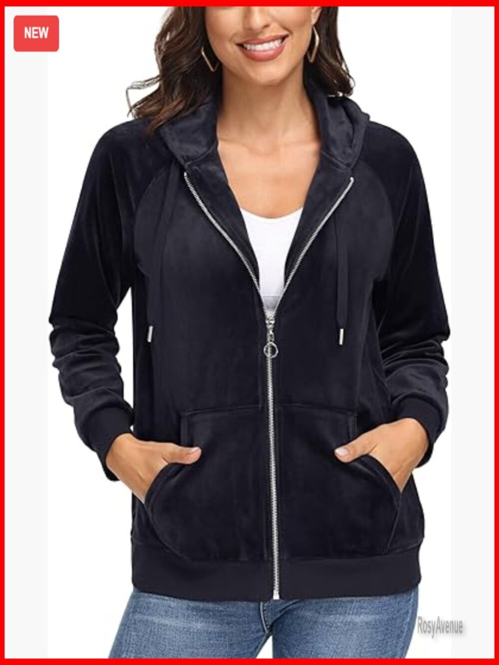 Velour Hooded Jacket Long Sleeve Full Zip Soft Warm Velvet with Pockets